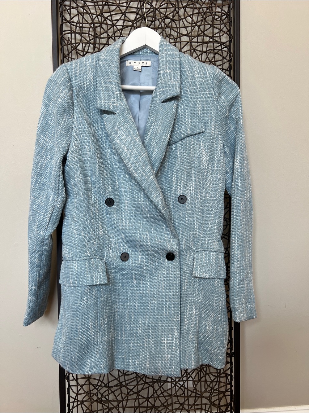 HYFVE Light Blue Double Breasted Cotton bl textured Blazer Francesca’s S